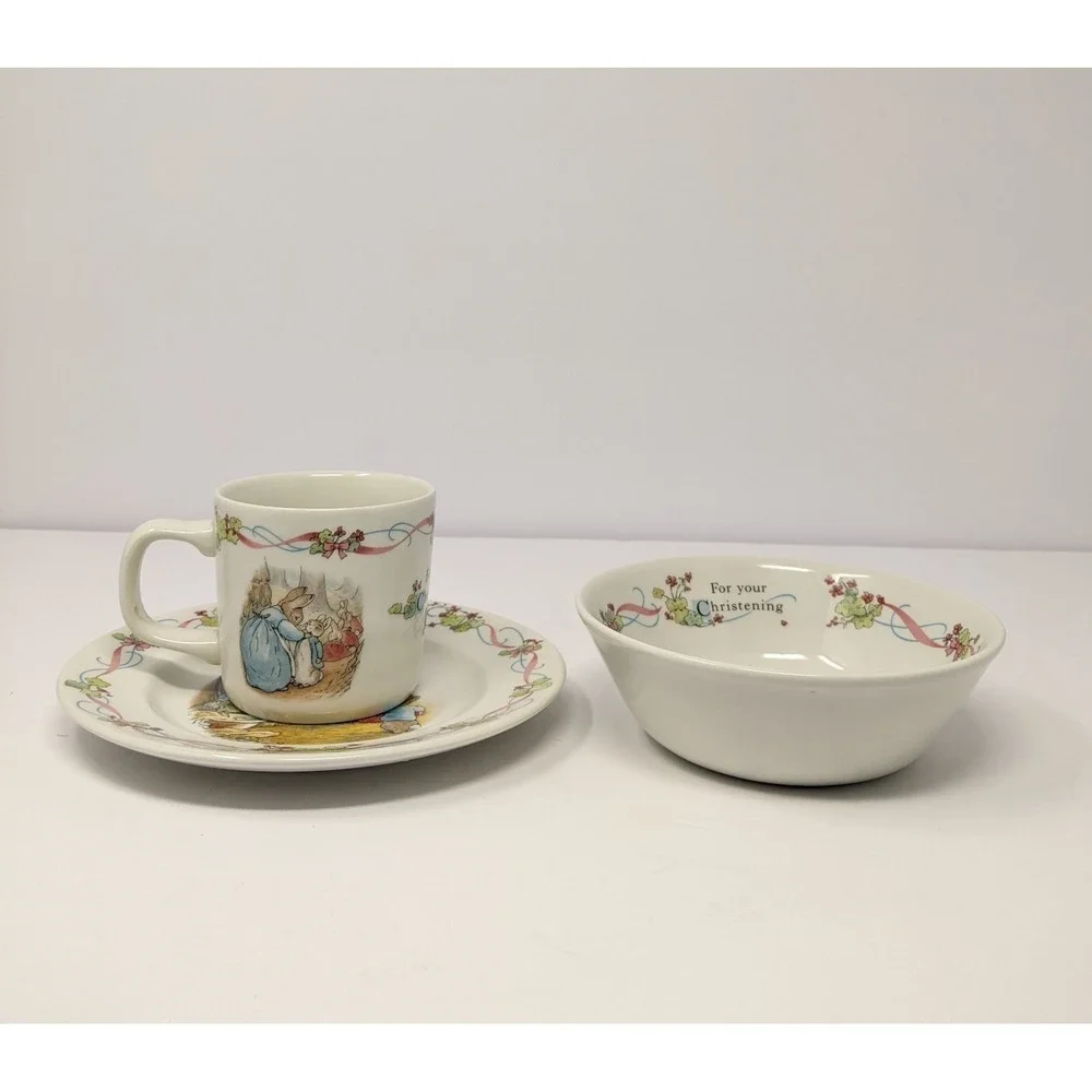 Vintage Beatrix Potter Peter Rabbit Christening 3-Piece Child Dish Set Cup Bowl